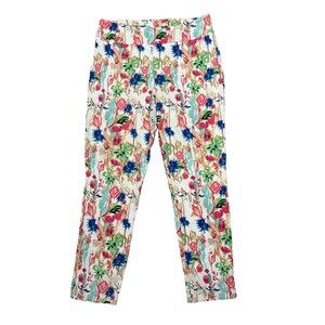 Peck & Peck Floral Pants 14 White Stretch Tummy Control Straight Leg Resort Wear